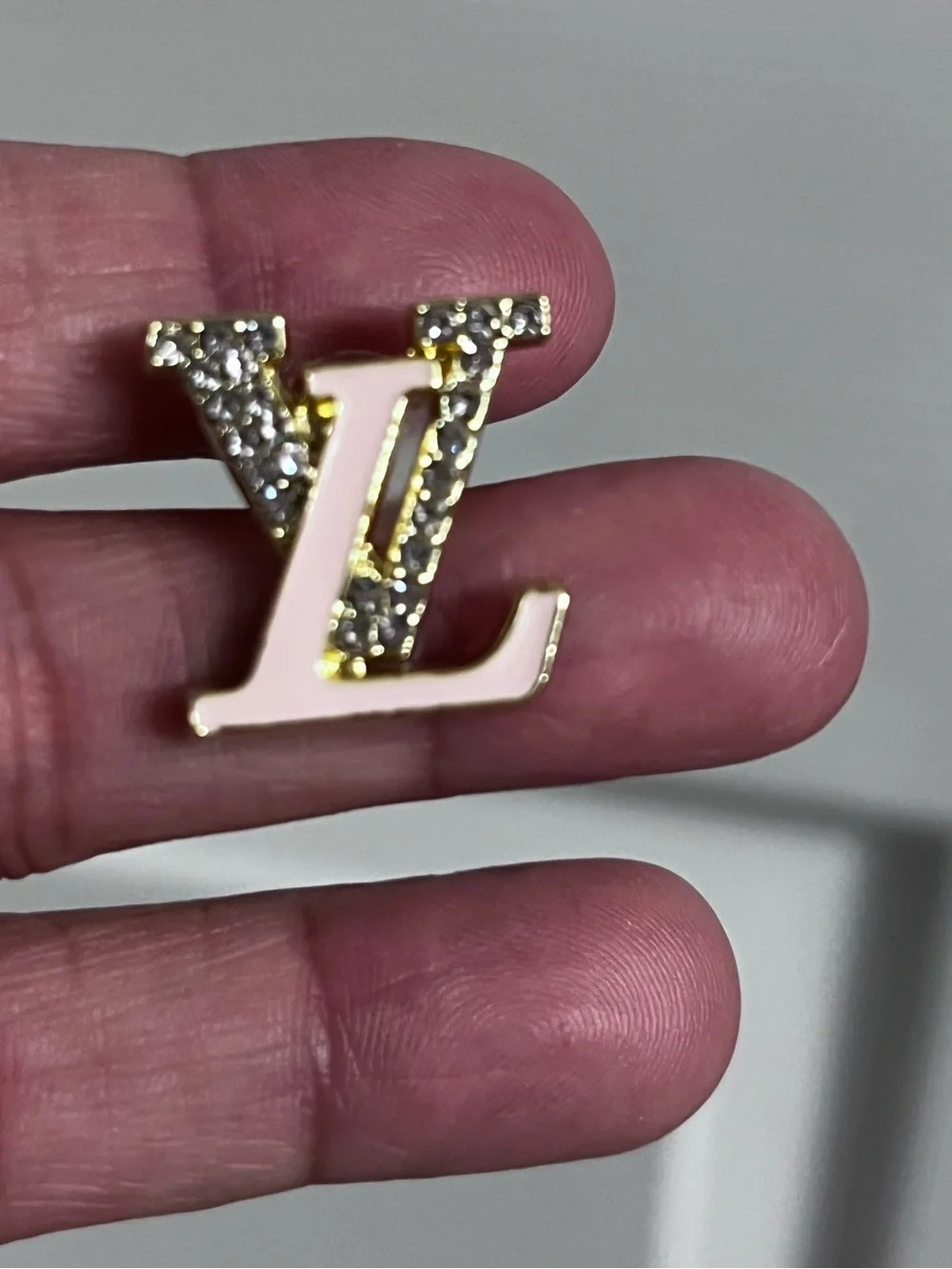 Designer pink enamel and Gold with Crystal LV Logo Stud Earrings - Gold/Crystal - Picture 4 of 7